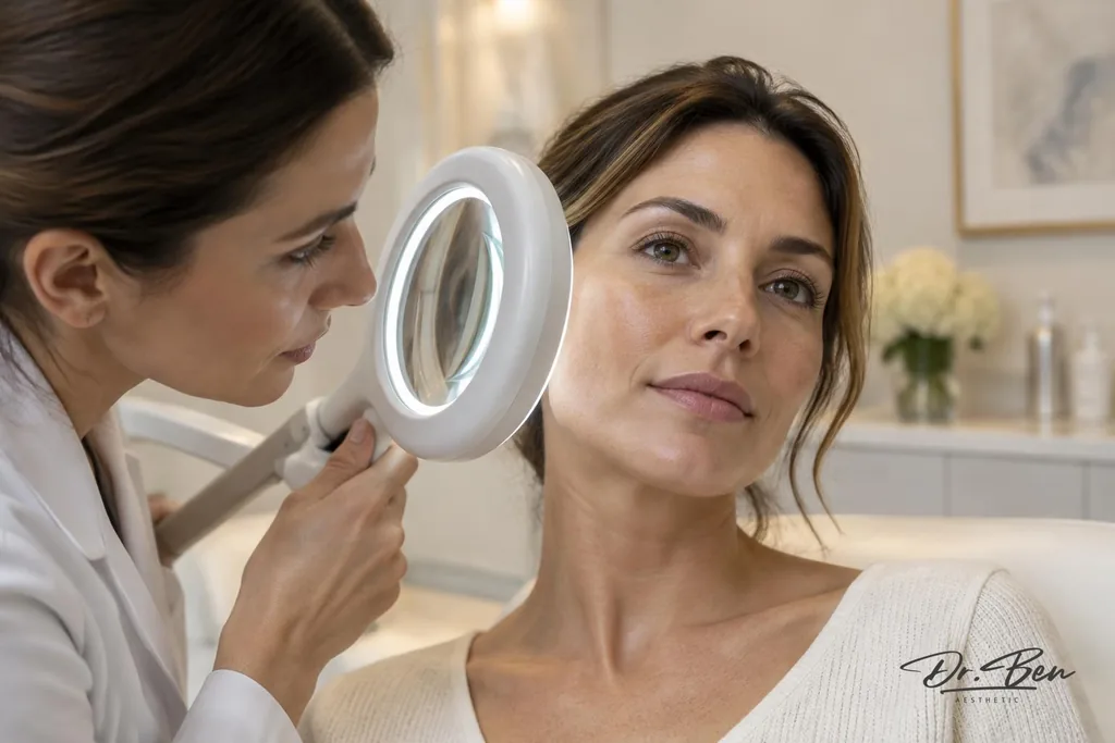 Doctor examining a patient's facial skin texture through an illuminated magnifying lamp