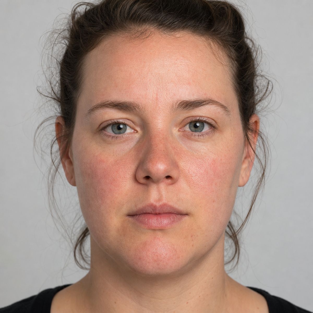 Illustrative portrait showing natural facial redness across the cheeks and nose on a neutral background