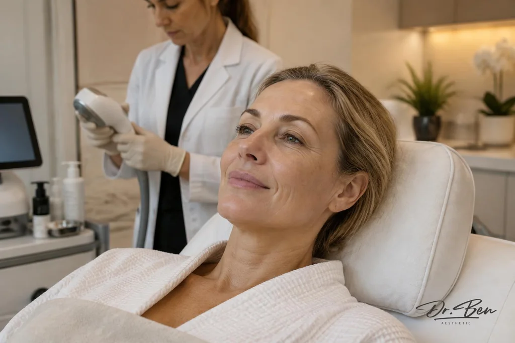 Patient with natural skin texture resting on a treatment chair while a doctor prepares a non-invasive skin device