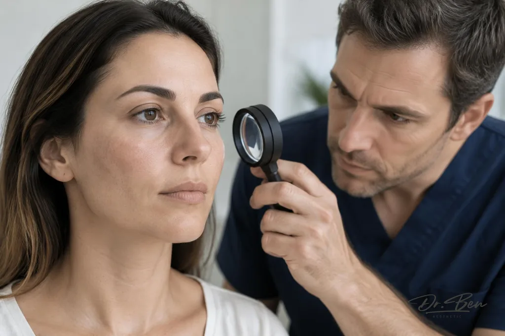 Doctor examining a patient's cheek skin texture and pores through a handheld magnifier