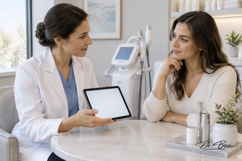 Doctor and patient seated at a table discussing a skin treatment plan on a blank tablet