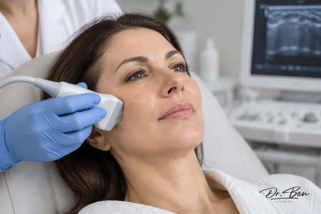 Gloved doctor holding a facial ultrasound probe against a reclined patient's cheek with a scan screen in the background