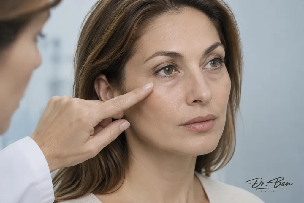 Doctor indicating the under-eye and upper cheek area of an adult patient during assessment