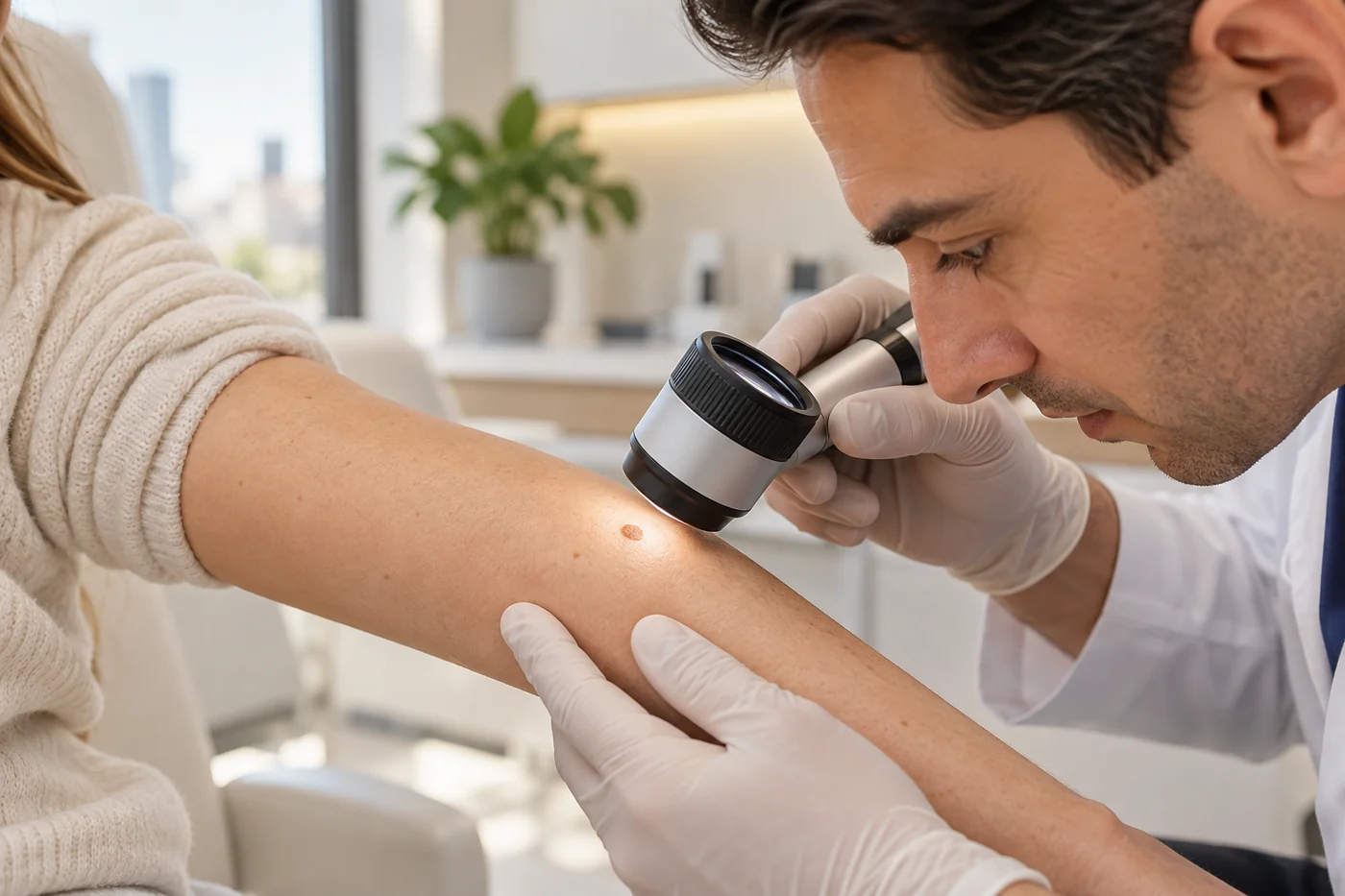 Doctor using a dermatoscope to examine a mole on a patient's forearm